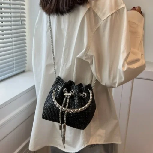 kf Sc7e3743561cc4fd0ab8707d2ef3e951ae Full Shiny Rhinestone Bucket Bag Fashion Senior Drawstring Banquet Bag Ladies Evening Single Shoulder Chain Bag