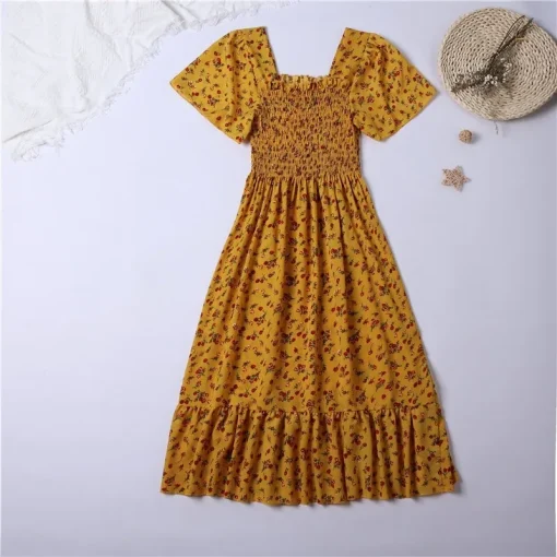 Spring Summer Chiffon Dress for Women - Floral Midi Dress with Short Butterfly Sleeves, Elastic Waist, Pleated Backless Casual Dress - Image 4