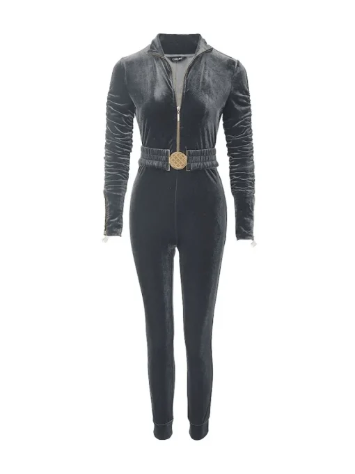 Velvet Zipper Jumpsuit for Women – Elegant Ruched Long Sleeve Overalls with Elastic Waistbelt - Image 6