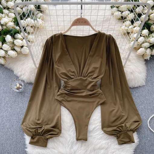 kf Sc97b4f00232f45b0a5582697e8feaed4x Elegant Deep V Neck Women s Bodysuits Solid Color Spring Summer Long Lantern Sleeve High Waist