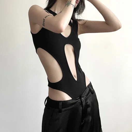 kf Sc9b78d0048734e5eb27f9d75a66ac8b0o Mall Gothic Hollow Out Sexy Bodysuits Techwear Fashion Y2k Patchwork Tops Women Grunge Backless High Cut