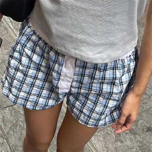 kf Sc9ba920dd1e54e5f9d073aa52068f8fdT Summer Korean Casual Plaid Shorts High Elastic Waist Short Pants Button Y2K Vinatge Pajamas Bottoms Kawaii