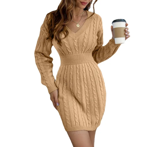 Women's Autumn Winter V-neck Knitted Sweater Dress | Long Sleeve Twist Waist Casual Hip-covering Mini Dress for Office and Casual Wear - Image 5