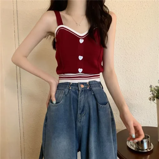 kf Sc9f9d7964d9342b28ae902784fd35cb84 Tank Tops Women Summer Fashion 2023 Y2K Cute Korean Knitted Love Button Tight Casual Vest Blue