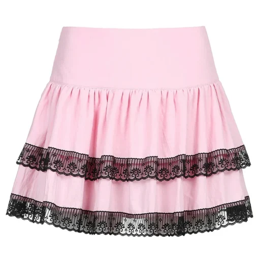 kf Sca40be65d2a947a4b6e99294a8c43420o Vintage Gothic Skirt New Women s Academy Style Pink Double Lace Stitched A word Harajuku Skirt