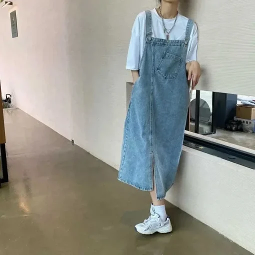 Women's Spring Summer Denim Overall Dress - Sleeveless Casual Loose Spaghetti Strap Maxi Dress with Pockets - Image 2