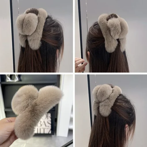 kf Scbfeab94c34e4398acae02f89cc06acbO New Hairpin Cute Plush Rex Rabbit Fur Hair Claw Women Elegant Temperament Real Rex Rabbit Fur