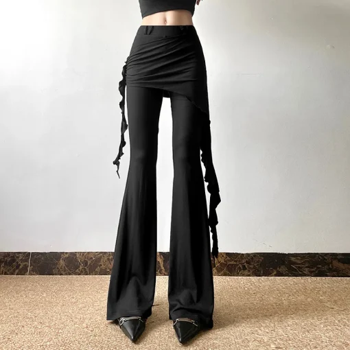 kf Scc5e43157fe7449bb05819cd5c96036bK Casual Slim Folds Tie Flower Ruffles Flare Pants Casual Sexy Solid Mid Waisted Wide Leg Pants