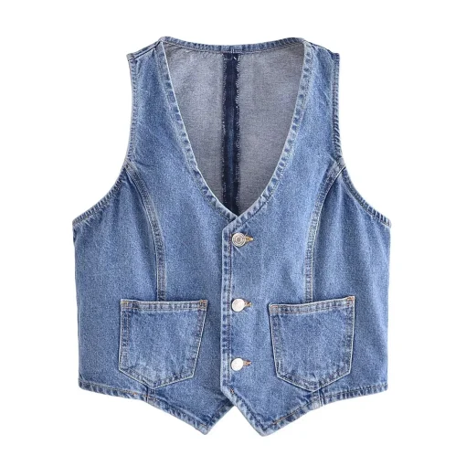 Fashion Button Denim Waistcoat Women Casual Sleeveless Jacket Chic - Image 2