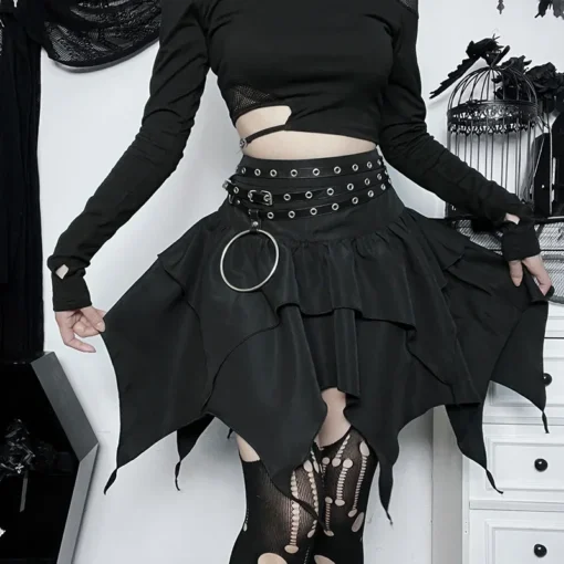 kf Sd16ec5e763cb46ebb6044580d4b315f5b Gothic Punk Irregular Skirts New Sexy Women Solid Color Drawstring Tie Up Ruched Ruffles Mini Skirt