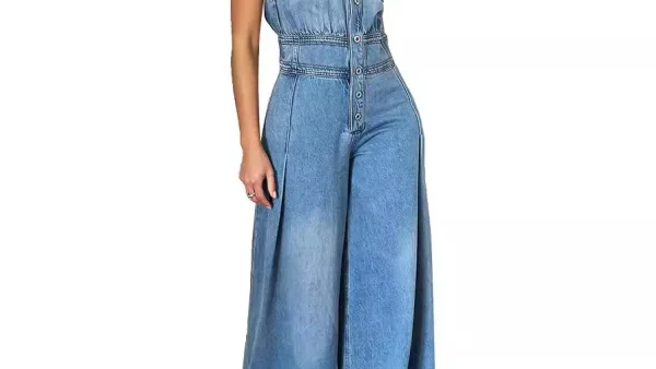 kf Sd25f1721658c42129870c3b915578960G Jumpsuits Women One Piece Denim Jeans Overalls Sleeveless High Waist Turn Down Collar Wide Leg Long