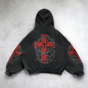 2024 Y2K High Street Red Heart Pattern Hoodie – Oversized Harajuku Hip-hop Sweatshirt