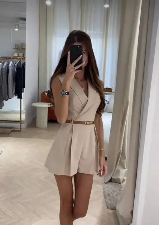 kf Sd29de95c2ead4d6899cf4bafead4f50ah New Fashion V neck Style Solid Color Commuter Sleeveless Suit Shorts jumpsuit Women s Waist Tie