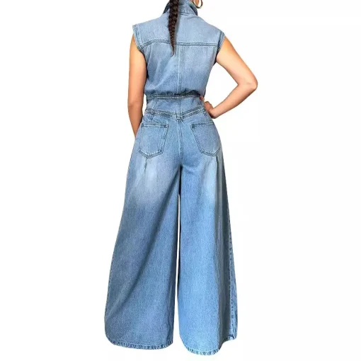 Summer 2024 Women’s Denim Jumpsuit – Sleeveless Wide-Leg High-Waist Overalls - Image 4