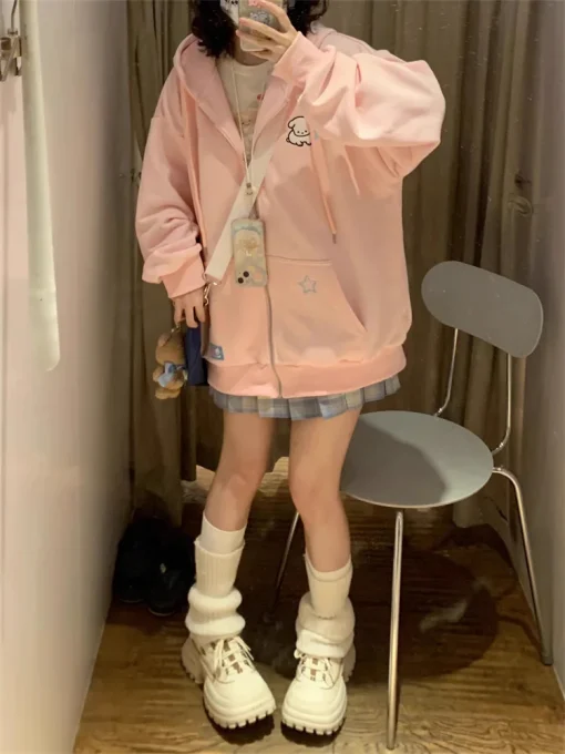 kf Sd3a764b657cd4a8f87edfad2bd109c93Y QWEEK Harajuku Kawaii Pink Zip Up Hoodie Women Japanese Y2K Sweet Cute Beige Fleece Sweatshirts Korean