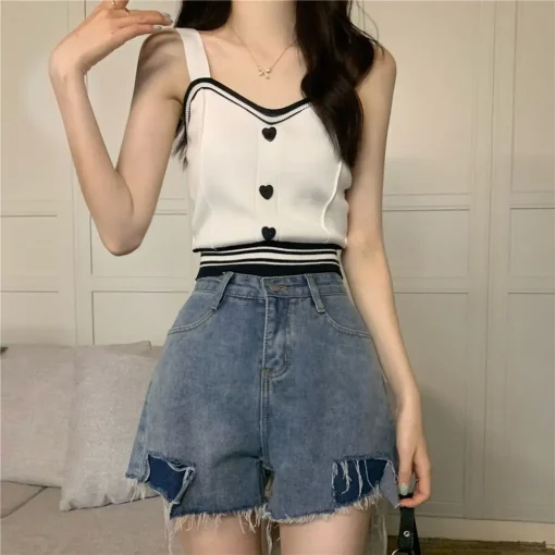 kf Sd3c013d3d8eb407aa16ef879fea22ac4A Tank Tops Women Summer Fashion 2023 Y2K Cute Korean Knitted Love Button Tight Casual Vest Blue