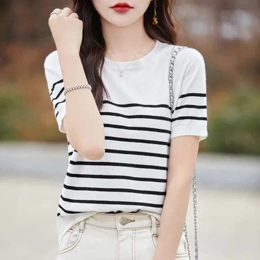 kf Sd457a08e4e2e4404a2174ef39c8802dfq Women s 100 Merino wool top round neck O neck striped sweater short sleeve T shirt