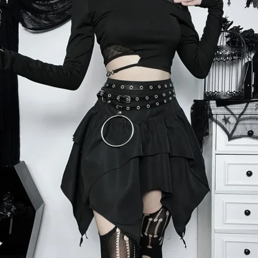 kf Sd462799353504f3bafc69674575dd7a1d Gothic Punk Irregular Skirts New Sexy Women Solid Color Drawstring Tie Up Ruched Ruffles Mini Skirt