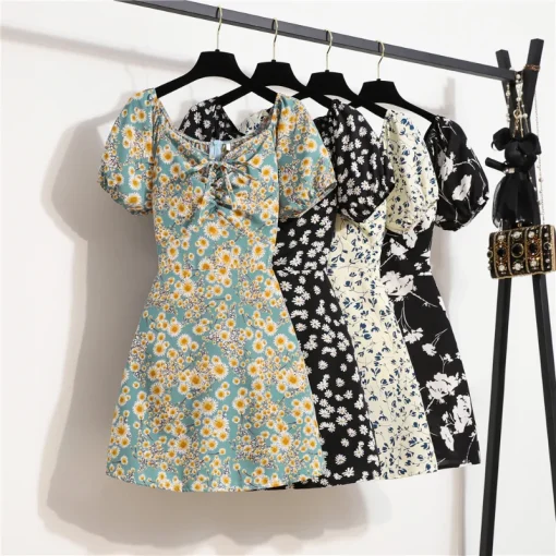 Floral Print Chiffon Mini Dress - Summer Casual with Puffy Sleeves