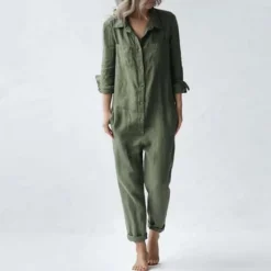 kf Sd5f409ae58b545f98314ea03bab72697K Cotton Linen Vintage Jumpsuits Women Single Breasted Button Design Turn down Collar Long Sleeve Romper Solid