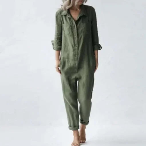 Vintage Cotton Linen Button-Up Jumpsuit – Women’s Long-Sleeve Overalls with Pockets