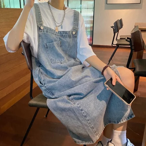 Women's Spring Summer Denim Overall Dress - Sleeveless Casual Loose Spaghetti Strap Maxi Dress with Pockets - Image 3