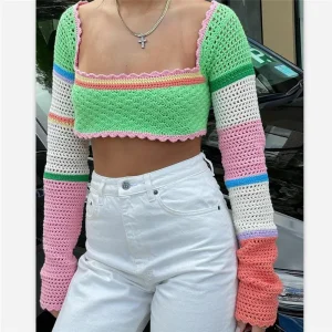 New y2k Knitted Crochet Sweaters Tops Women Summer Long