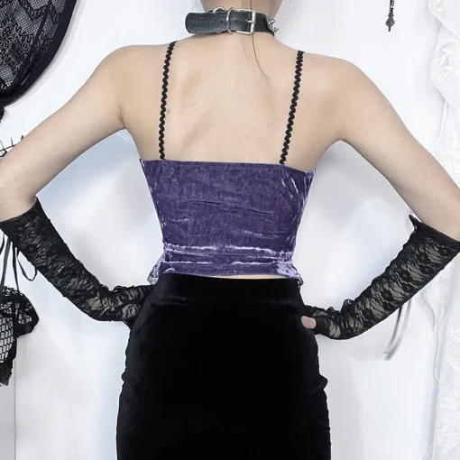 kf Sd76b6946f185443881bffebcf33b5c5a8 Purple Velvet Cross Pendant Lace Trim Camis Corset Crop Tops Y2K Sexy Sleeveless Backless Slim Camisole