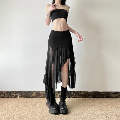 kf Sd8d6fe202e7a49e7b859015a7548e0caA Goth Cyber Y2K Irregular Hem Mid Skirts Harajuku Fashion Streetwear Mesh Patchwork Club Alt Bottoms Punk