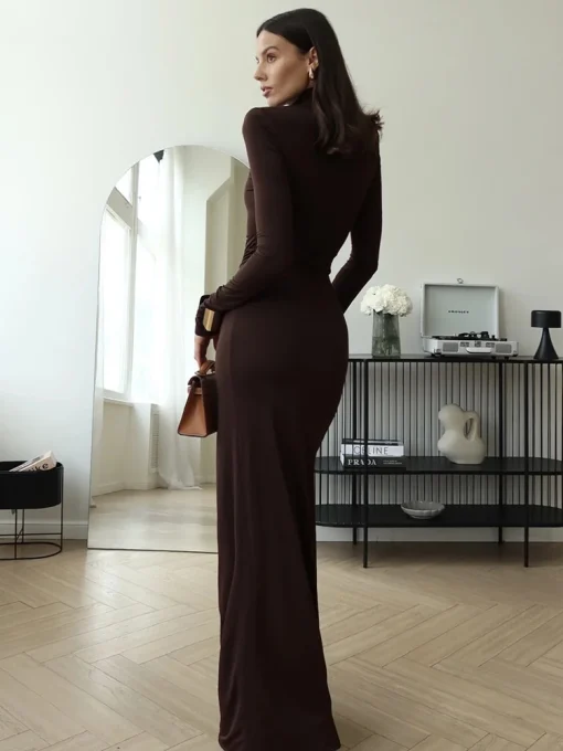 Mozision Turtleneck Thigh-High Split Sexy Maxi Dress – Long Sleeve, Draped Bodycon Club Dress, Autumn/Winter 2024 - Image 5