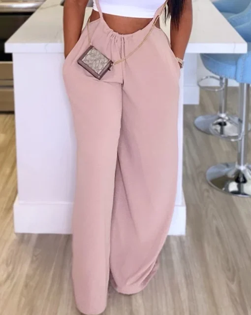 kf Sd9f9b11c74604381a6f9299fdedeceb4i Casual Pink Overalls for Women 2024 Summer Sleeveless Drawstring Wide Leg Suspender High Waist Pocket Design