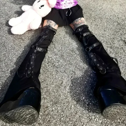 kf Sda0fbae50c784f51b6136e30710cf0f9O Mall Gothic Eyelet Strap Patched Socking Women Y2K Dark Academia Flare Long Socks Grunge Fairycore Tights