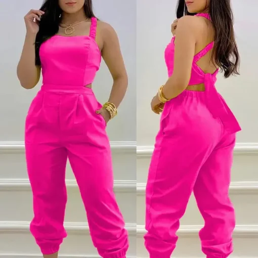 Elegant Sexy Women's Suspender Printed Jumpsuit – High-Waist Casual Romper with Lace-Up Detail - Image 3