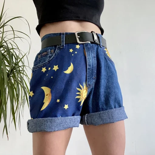 kf Sdad03d97705c4b56bdea01f64f5cf1aeb Fashion Moon Sun Print Loose Fit Denim Shorts Summer New Women Streetwear Short Pants Ins Style