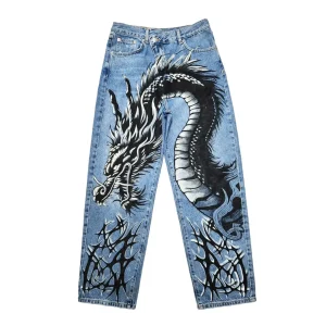 Hot Sell Dragon Wide Leg Jeans Men Y2K Harajuku Hip Hop Drop Shipping Denim Pants Casual Baggy Trousers New Streetwear