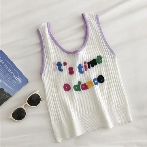 kf Sdb1a46d6810e4fb2993764cae22c117dH Ribbed Tank Top Crop Top Women s Short Cute Graphic Knit Kawaii T Shirts Vest Summer