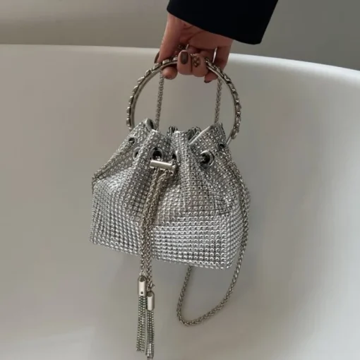 kf Sdc984906e56e410d8219e9f2234c2c59b Full Shiny Rhinestone Bucket Bag Fashion Senior Drawstring Banquet Bag Ladies Evening Single Shoulder Chain Bag