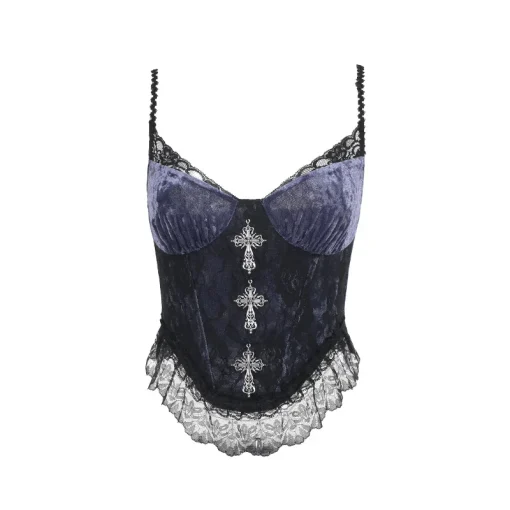 kf Sdc9f44a31b2b41e698a9a37716cb6a03I Purple Velvet Cross Pendant Lace Trim Camis Corset Crop Tops Y2K Sexy Sleeveless Backless Slim Camisole