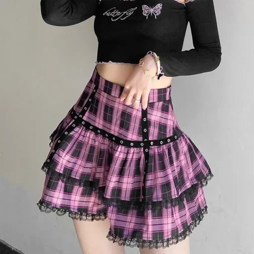 kf Sdca86e695bcd48eaa599cd83d24cf1106 Lolita Cake Mini Skirts Gothic Japanese Harajuku Girls Purple Pink Plaid Pleated Skirt Punk Sweet Lace