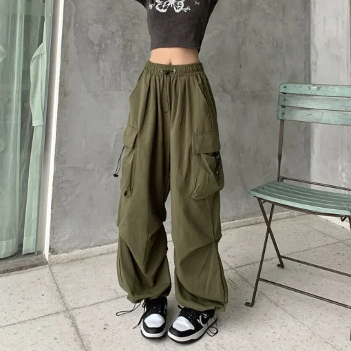 kf Sde004c9795c34453b6d77fb905a99398w Y2K Parachute Black Pants Women Hippie Streetwear Oversize Pockets Cargo Trousers Harajuku Wide Leg Baggy Sweatpants