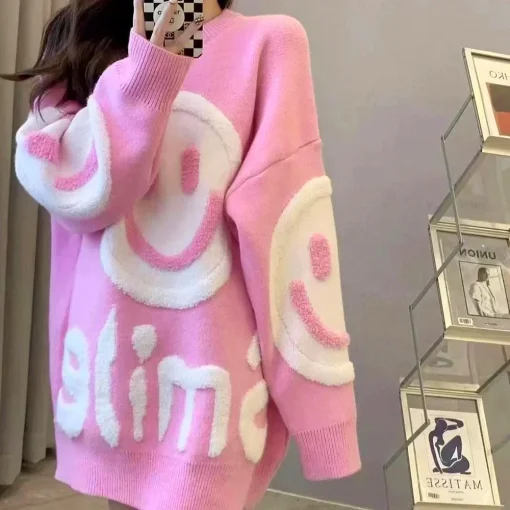 2024 New Loose & Thickened Autumn Winter Pink Smiling Face Sweater | Warm Women’s Round Neck Long Shirt | Sweet Geometric Design