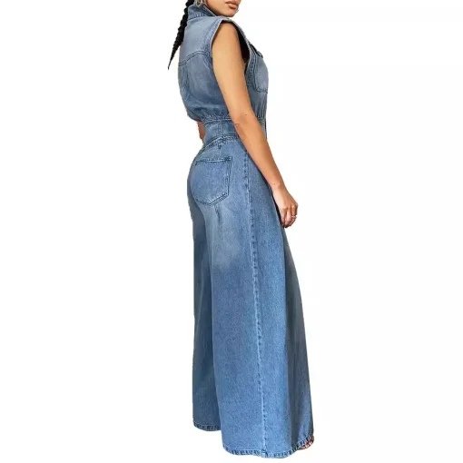 Summer 2024 Women’s Denim Jumpsuit – Sleeveless Wide-Leg High-Waist Overalls - Image 3