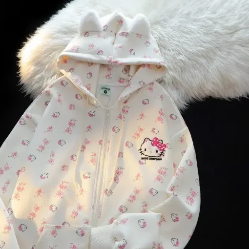 Sanrio Hello Kitty Heavyweight Cotton Cardigan Hoodie – 2024 Spring/Fall Floral Loose Sweater Jacket for Women - Image 2