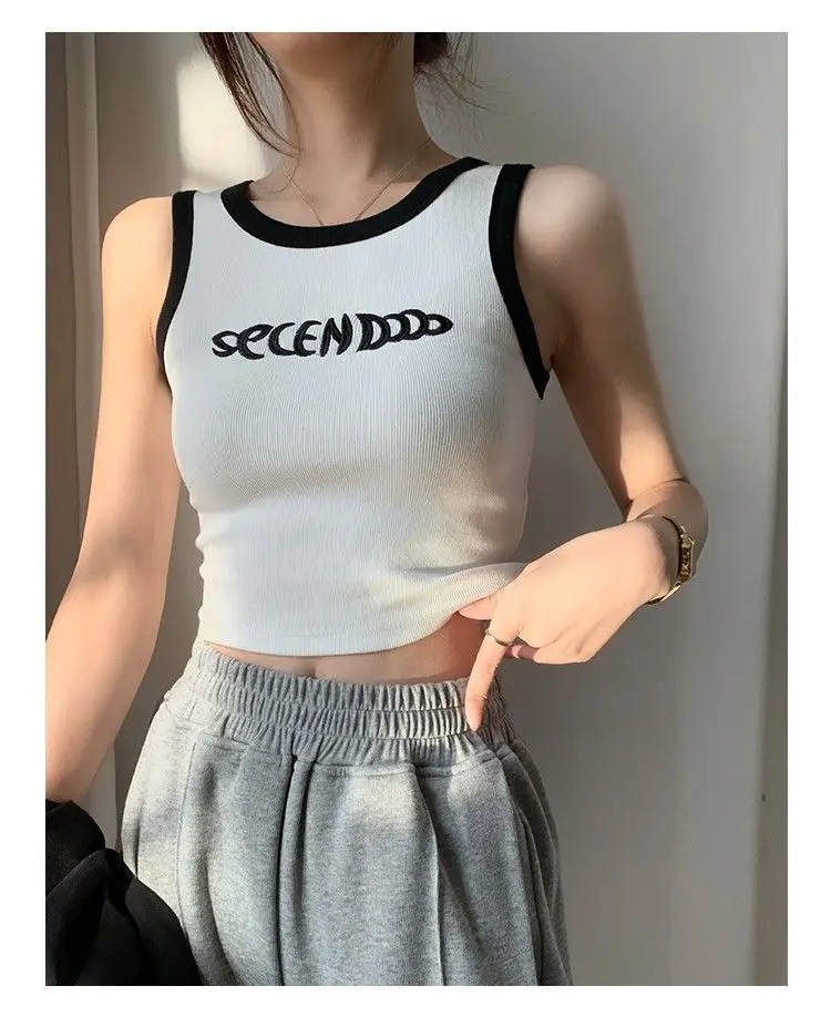 Women's casual polyester tank top with embroidered decoration and letter pattern