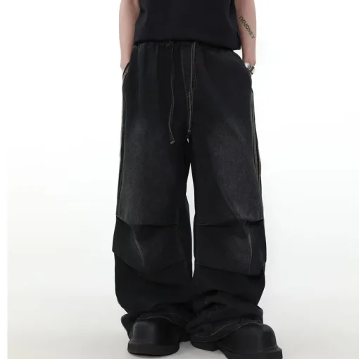 2024 Y2K Fashion Elastic Waist Striped Pleated Baggy Jeans for Men – Washed Black Wide Leg Trousers - Image 3