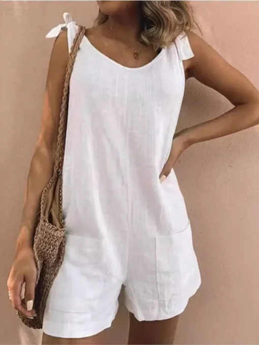 kf Se3ff9b18992b4f96b822bc0d7678f214P Summer Solid Cotton Linen Playsuits Casual Loose Women Jumpsuits 2024 Fashion Lace up O Neck Sleeveless