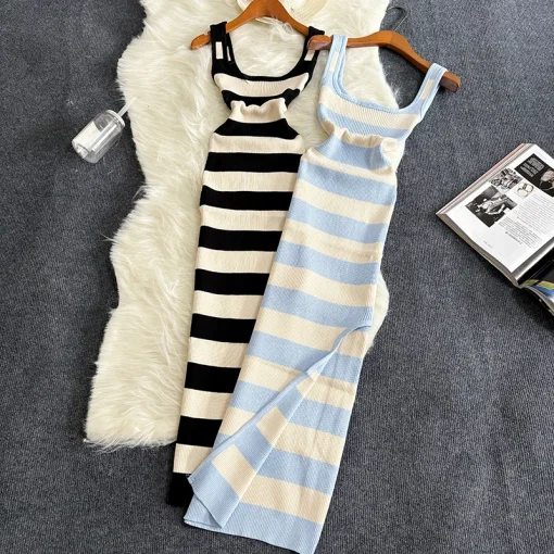 2024 Stripe Summer Elastic Split Bodycon Dress – Sexy Beach Vacation Sundress