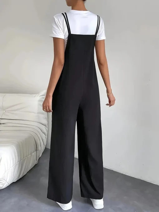 kf Se43697d5e82747f5a63fb9cc90ae438eM Fashion casual women s pure black jumpsuit pants with pockets shoulder straps thin straight leg workwear