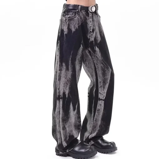 2025 American Goth Black Tie-Dye Jeans for Men | Y2K Vintage Wide-Leg Denim Pants | Hip-Hop Gradient Baggy Jean - Image 6