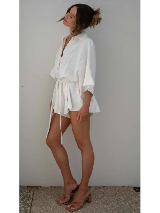 kf Se568cf4c5438473a8a391508afcc4c5eX Summer White Women Jumpsuit Fashion Elegant Casual Lace Up Short Pants Jumpsuit Female Office Holiday Rompers